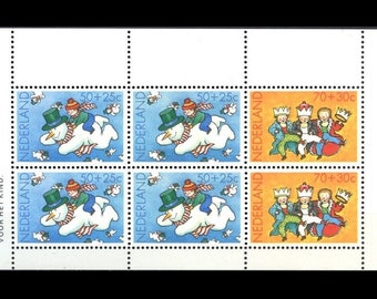 Whimsical 1983 Christmas Postage Stamp Sheet / Vintage Netherlands / Flying Snowman, Dancing Little Wise Men / Handmade Card Illustrations