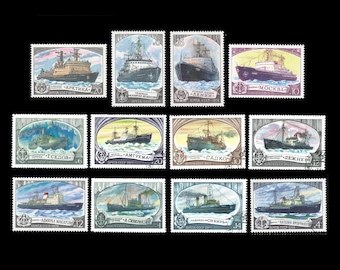 Famosos barcos rompehielos en grandes sellos postales rusos de 1976 y 1977 / Efímera soviética antigua, muy detallada / Adorno de diario basura