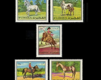 Horses on 1970 Vintage Fujeira Postage Stamps  / Famous Velázquez Painting, Western Cowboy, Mare and Foal / Mixed Media Embellishment, MNH