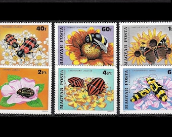 Beneficial Insects on 1980 Postage Stamps / Flowers, Bumblebee, Dog Rose, Beetle, Sunflower, Minstrel Bugs, Yarrow, Shield Bug, Parsley