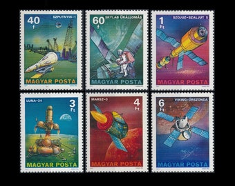 1977 Space Race Postage Stamps / From Sputnik to Viking / Vintage Hungary / Bright Colours / Altered Book Embellishment, Collage Fodder