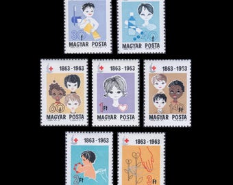 Stulecie Międzynarodowego Czerwonego Krzyża w 1963 r., Węgry, znaczki pocztowe / ilustracje dzieci / materiały na kartki z podziękowaniami, materiały na książki w wersji przerobionej