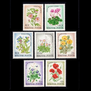 May include: A collection of vintage Hungarian postage stamps featuring colorful botanical illustrations. The stamps showcase various flowers, including roses, cyclamen, and poppies, with text in Hungarian. The stamps are rectangular with a serrated edge.