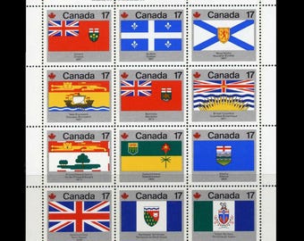 Provincial Flags of Canada on 1979 Postage Stamp Sheet / Silver Background / Alberta, Ontario, Nova Scotia / Heritage Collage, Junk Journal
