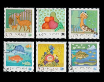 Nature Conservation on 1982 Polish Postage Stamps / Vintage Poland / Flora and Fauna / Cardmaking Material, Collage Supply, ATC Images