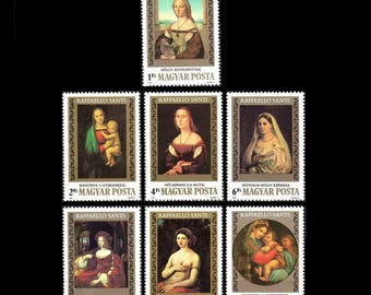 Vintage Hungary Postage Stamps Commemorating the 500th Anniversary of Raphael's Birth / Famous Paintings, Madonna and Child / Collage Supply