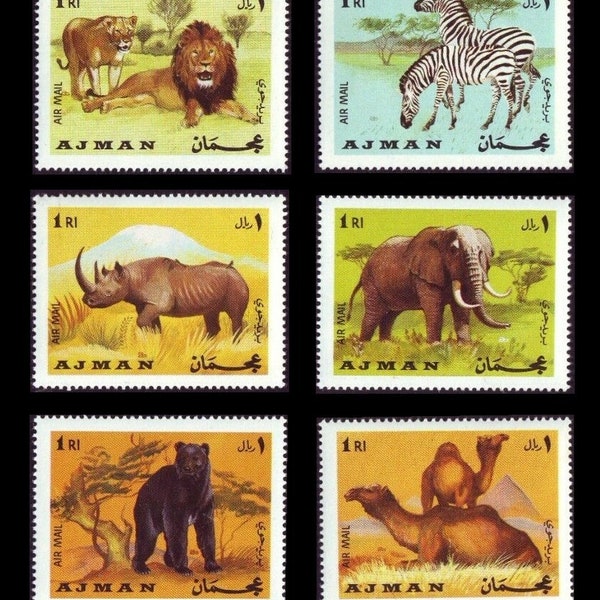 Wild Animals on 1969 Ajman Vintage Postage Stamps / Lion, Zebra, Elephant, Rhinocerous, Camel, Bear / Kids Craft Supply, Collage Images, ATC