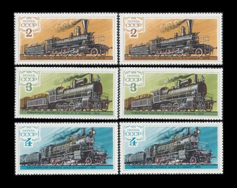 Old Steam Engines on 1979 Russia Postage Stamps / Vintage USSR Freight Train Locomotives / Transportation Theme Collage, Altered Book Supply