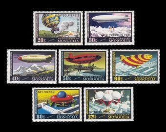 Air Ships on 1977 Air Mail Mongolia Postage Stamps / Hot Air Balloon, Dirigible, Zeppelin, Air Crane / Colourful Images for Collage, Crafts