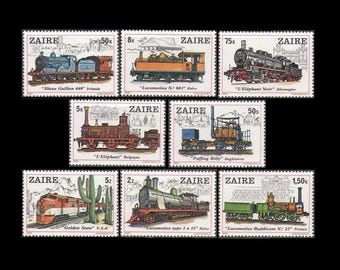 Historic Worldwide Locomotives on 1979 Zaire Postage Stamps / Travel Theme Visual Journal Embellishment, Artist Trading Card Series Images