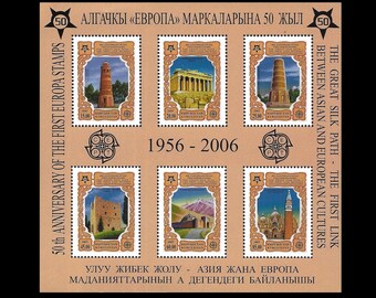 Kyrgyzstan 2005 Stamp Sheet Showing Famous Architecture / Vintage Ephemera Celebrating 50 years of European Union Postage / Collage Material