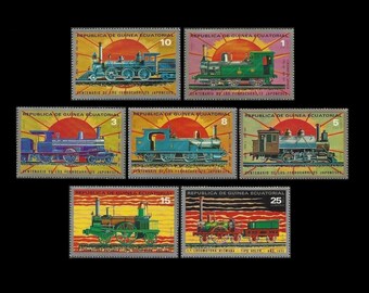 Colourful Locomotive 1972 Postage Stamps from Guinea Equatorial / Large Train Images for Art and Craft Projects, Collage, Junk Journals, MNH