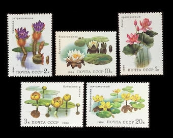Aquatic Flowers on 1984 Soviet Union Postage Stamps / Water Lily, Cardinal Flower, Lotus / Postcard Swap, Artist Trading Card Series, ACEO