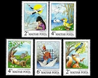 Famous Children's Fairy Tales / 1987 Hungarian Postage Stamps / Tin Soldier, Tortoise and the Hare, Fox and Crow, Ugly Duckling, White Crane