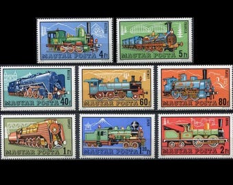 Railroad History on Hungarian Vintage Train Postage Stamps / Railroad Enthusiasts, Altered Art Supply, Visual Journalling / Antique Engines
