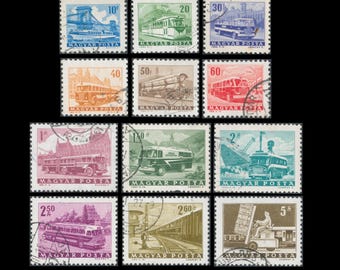 Vintage Transportation Theme Postage Stamps / 1963 Hungary Transport Vehicle Images / Train, Tram, Bus, Ferry, Boat / Cardmaking Material