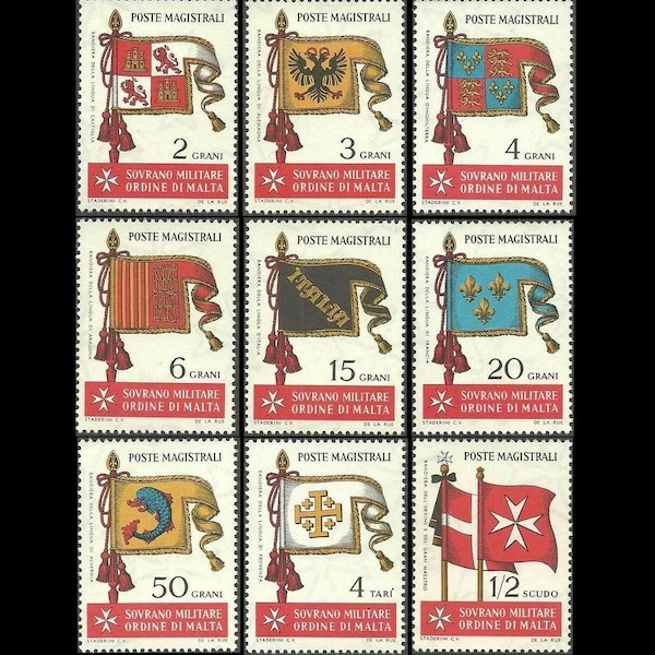 Flags of The Order of Malta / 1967 Vintage Postage Stamps / Military Banners / Junk Journal Embellishment, Artist Trading Card Series, ACEO