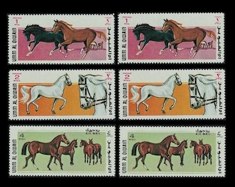 Thoroughbred Arabian Horses on 1969 Umm Al Qiwain Vintage Stamps / Collage Material, Junk Journal Embellishment, Card Making Supply