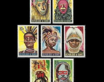 Traditional Masks and Costumes on 1965 Republic of Guinea Stamps / Vintage African Postage / Ceremonial Attire / Art and Craft Material, ATC