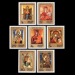 Timbres-poste de 1975, superbes, finitions dorées, représentant des icônes religieuses / Vierge à l&#39;enfant / Fabrication de cartes, collage, étiquettes cadeaux, visuels + journaux indésirables