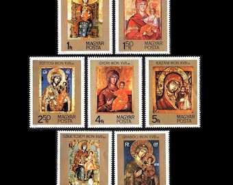 Gold Trimmed 1975 Postage Stamps of Religious Icons / Madonna and Child / Card Making Supply, Collage Art Material, Gift Tag Embellishment
