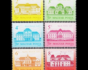 Famous Hungarian Castles on 1986 Vintage Postage Stamps / Landmarks, Architecture / Mixed Media Supply, Altered Book Embellishment, Collage