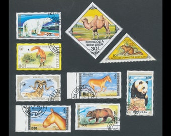 Wild Animals on Vintage Mongolia Postage Stamps / Fox, Panda, Polar Bear, Onager, Camel, Chipmunk, Mountain Sheep / ATC, Collage Material,