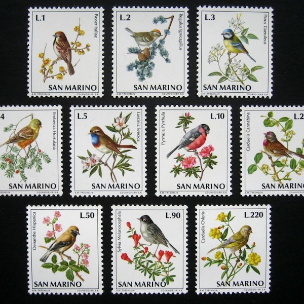 Gorgeous San Marino Bird Postage Stamps / Vintage Songbirds on Flowers / Bullfinch, Warbler, Bluethroat, Bunting, Sparrow, Blue Tit / MNH