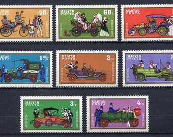 Znaczki pocztowe z antycznych samochodów węgierskich / Ford Model T, Peugeot, Rolls-Royce / Materiały do decoupage'u, materiały do kolażu, ozdoby do albumów