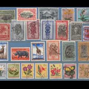 May include: A collection of vintage postage stamps from the Belgian Congo. The stamps feature a variety of images, including animals, plants, and buildings. The stamps are in good condition and would be a great addition to any stamp collection.