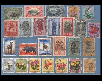 Belgian Congo Vintage Postage Stamp Collection / 1909 - 1959 / Giraffe, Traditional Masks, Native Flowers, Straw Hut, etc. / Craft Supply
