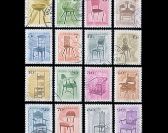 Znaczki pocztowe z krzesłami vintage z Węgier / Projektowanie zabytkowych mebli / Materiały do ​​robienia kartek, ozdoby do dzienników śmieci, materiały ATC