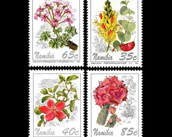 Beautiful Flower Postage Stamps / 1994 Namibia / Hibiscus, Cacti, Succulent, Hoodia / Artist Trading Card Series, Altered Book Embellishment