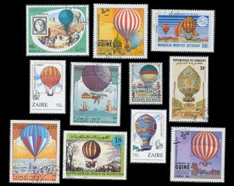 Worldwide Hot Air Balloon Postage Stamp Set /  Laos, Zaire, Czechoslovakia, Guinea Bissau, Mongolia, Mauritania, Djibouti / Vintage Ephemera