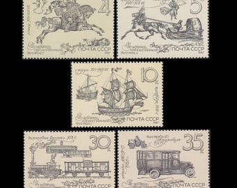 History of Postal Delivery on 1987 Vintage Russian Postage Stamps / Post Rider, Horse and Sled, Train, Tall Ship, Mail Trucks / Sepia Tone