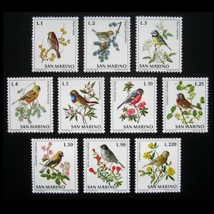 May include: A set of ten vintage San Marino postage stamps featuring colourful illustrations of different bird species. Each stamp has a unique design and includes the bird's scientific name and the country of origin.