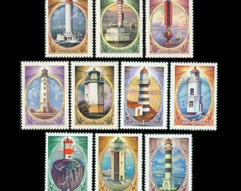 Lighthouses on Vintage USSR Postage Stamps / 1982 and 1984 Soviet Union / Ocean Theme Collage Art, Marine Altered Book, ATC Nautical Series