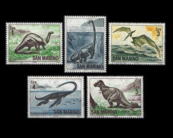 Prehistoric Dinosaurs on 1965 San Marino Postage Stamps / Tyrannosaurus Rex, Brontosaurus, Brachiosaurus,  Elasmosaurus, Pteranodon /