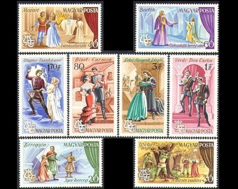 Słynne opery na starych węgierskich znaczkach pocztowych / Bartók, Mozart, Verdi, Wagner / Carmen, Czarodziejski flet, Książę Igor, Don Carlos /