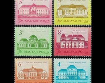 Famous Hungarian Castles on Mint Vintage Postage Stamps / Landmarks, Architecture / Mixed Media Supply, Altered Book Embellishment, Collage