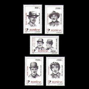 Può includere: Una collezione di francobolli rumeni con ritratti di famosi comici. I francobolli mostrano varie denominazioni e la parola "ROMANIA". Ogni francobollo presenta il ritratto di un comico diverso.