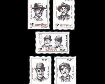 Famous Early Comedians on 1999 Romania Postage Stamps / Laurel and Hardy, Charlie Chaplin, Constantin Tanase, Toma Caragiu, Grigore Vasiliu