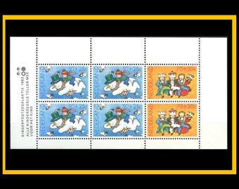Whimsical 1983 Christmas Postage Stamp Sheet / Vintage Netherlands / Flying Snowman, Dancing Little Wise Men / Handmade Card Illustrations