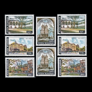 May include: A collection of eight Romanian postage stamps featuring architectural illustrations of Bucharest landmarks including Casa Domneasca, Opereta, and Biserica Sf. Vineri, with denominations ranging from 115 L to 325 L and the text Posta Romana.
