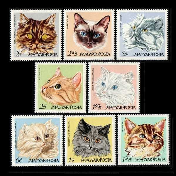 Vintage Cat Postage Stamps / 1968 Hungary / Siamese, Tabby, Persian / Collage, Collections, ATC, Craft Projects, Scrapbooking, Feline ACEO