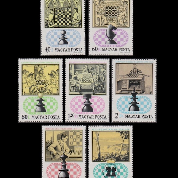 1974 Postage Stamp Set / 21st Chess Olympiad / Game Pieces, King, Queen, Knight, Pawn, Bishop, Rook / Medieval Historical Images / Crafts