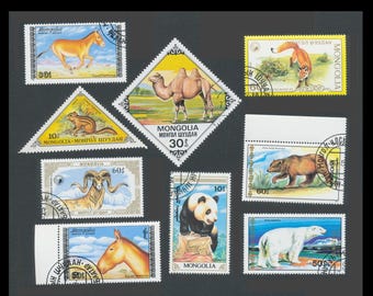 Animales salvajes en sellos postales antiguos de Mongolia / Zorro, panda, oso polar, onagro, camello, ardilla listada, oveja de montaña / Material para collage