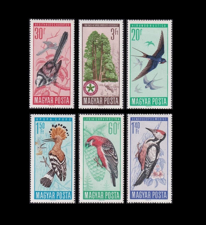 Piękne znaczki pocztowe z dużymi ptakami z 1966 r. / Gatunki chronione na Węgrzech / Dudek, dzięcioł, krzyżodziób, sikora długoogoniasta, jaskółka dymówka zdjęcie 6