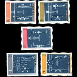 Airplane Plans for 1920's and 1930's Famous Aircraft / San Marino Vintage Postage Stamps / Spirit of St. Louis, Macchi, Couzinet / MNH