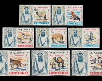 Birds and Animals on 1965 Fujeira Air Mail Stamps / Camel, Leopard, Horse, Oryx, Falcon, Great Egret, Wild Donkey,  Eurasian Hoopoe / MNH